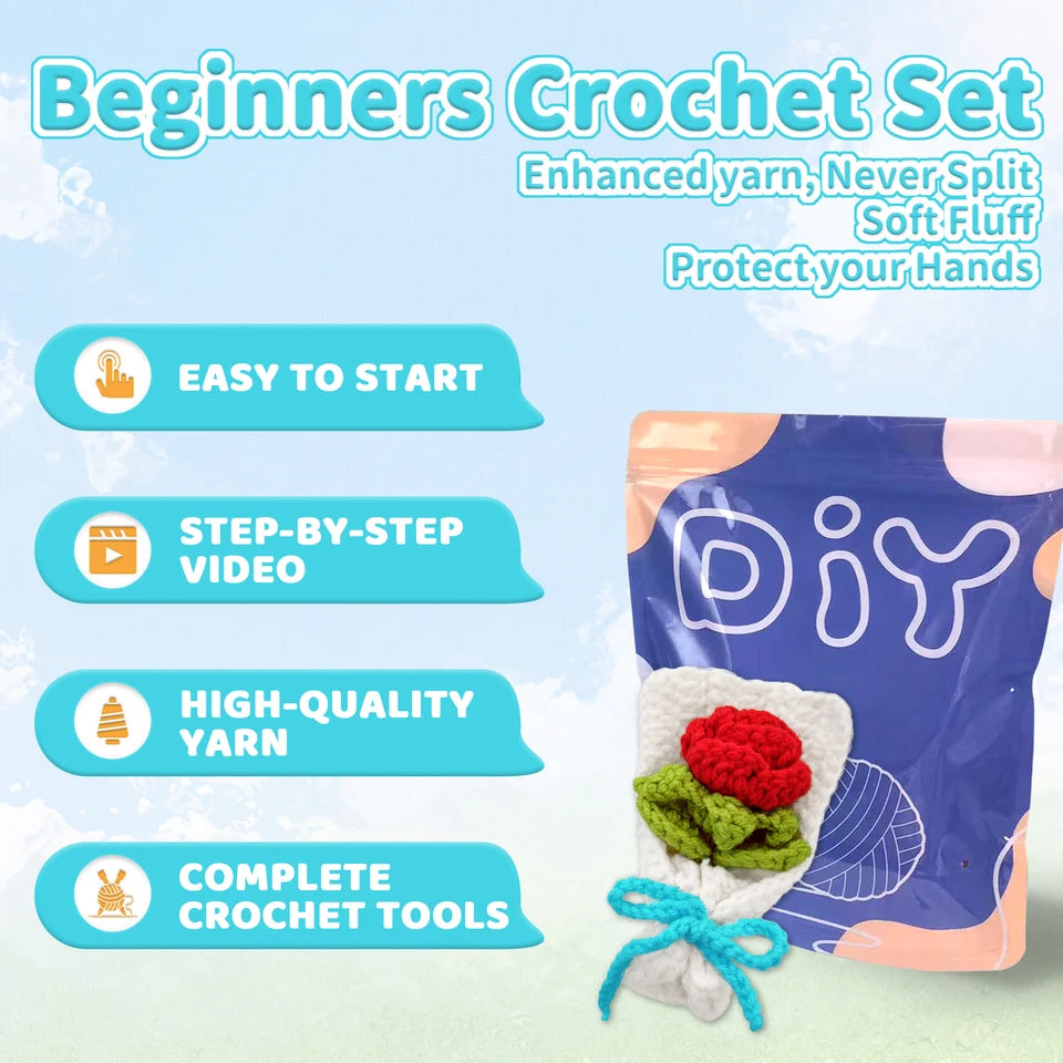 YAMAXIN Rose Theme Crochet Kit for Beginners Easy DIY Craft Tool Set Knitting Arts & Crafts Project with Pin
